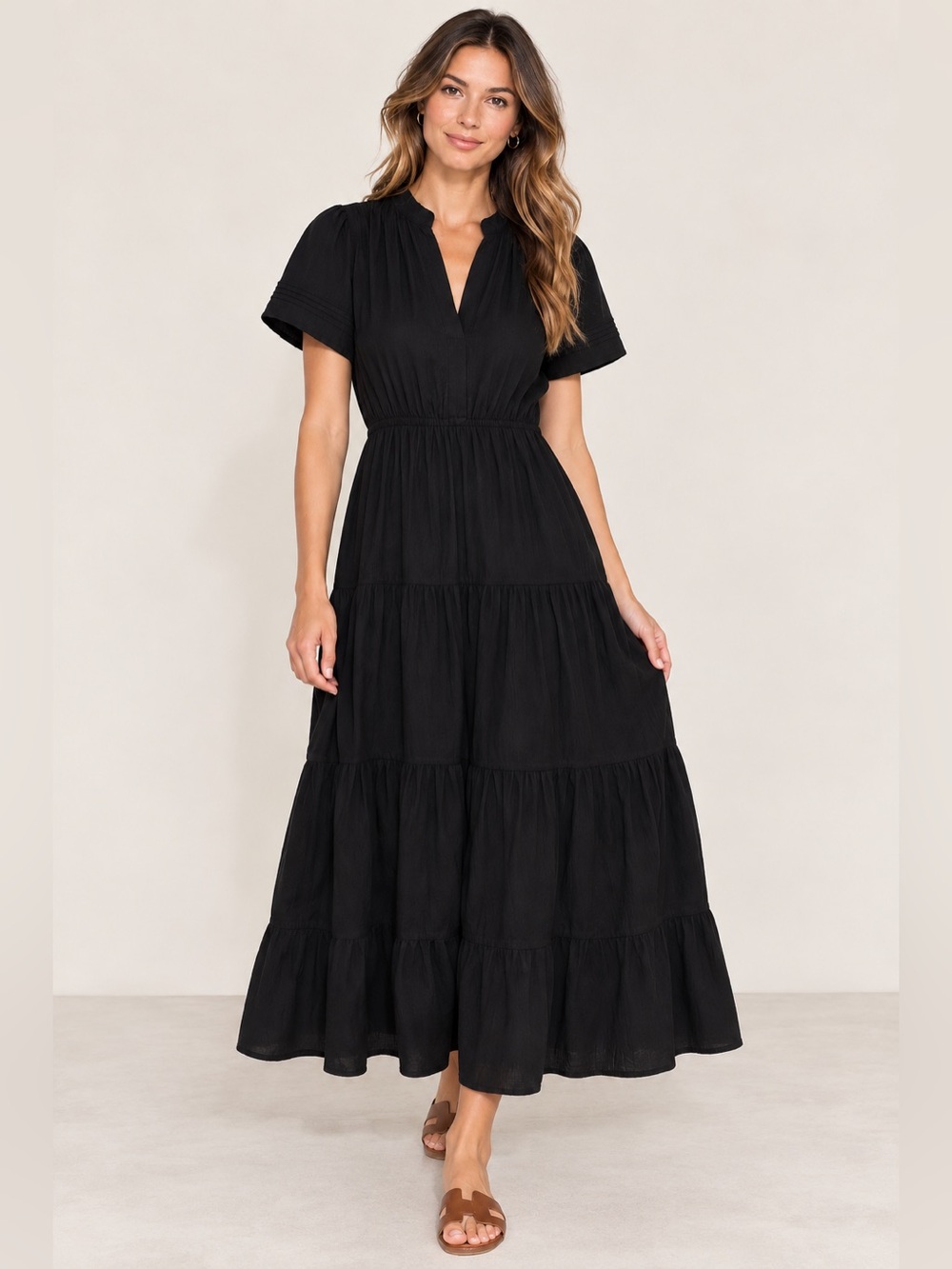 Cynthia Rowley Black Linen Blend Tiered Maxi Dress XS